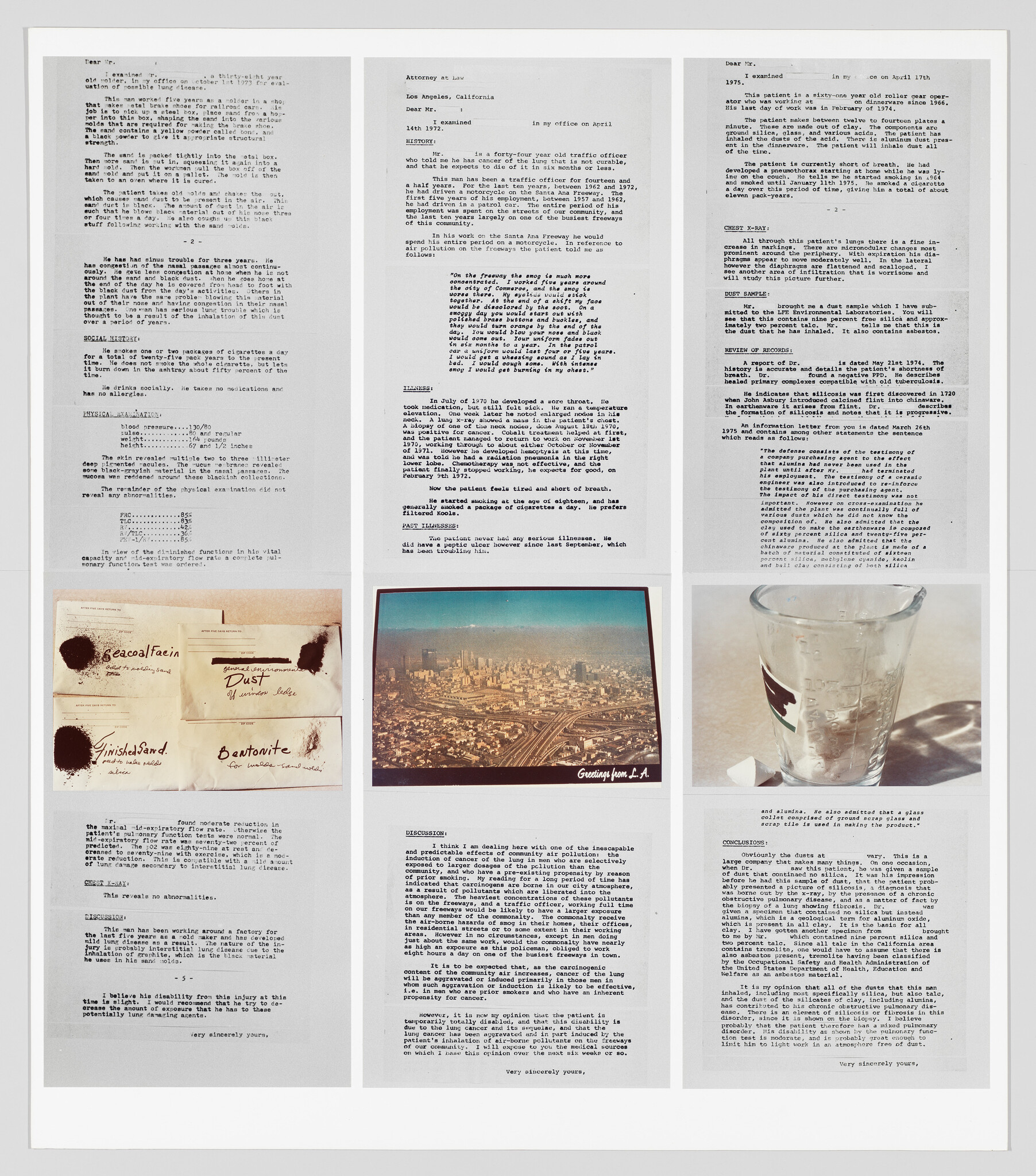 Grid of typed medical documents and sample photos including labeled dust envelopes, city postcard, and glass.