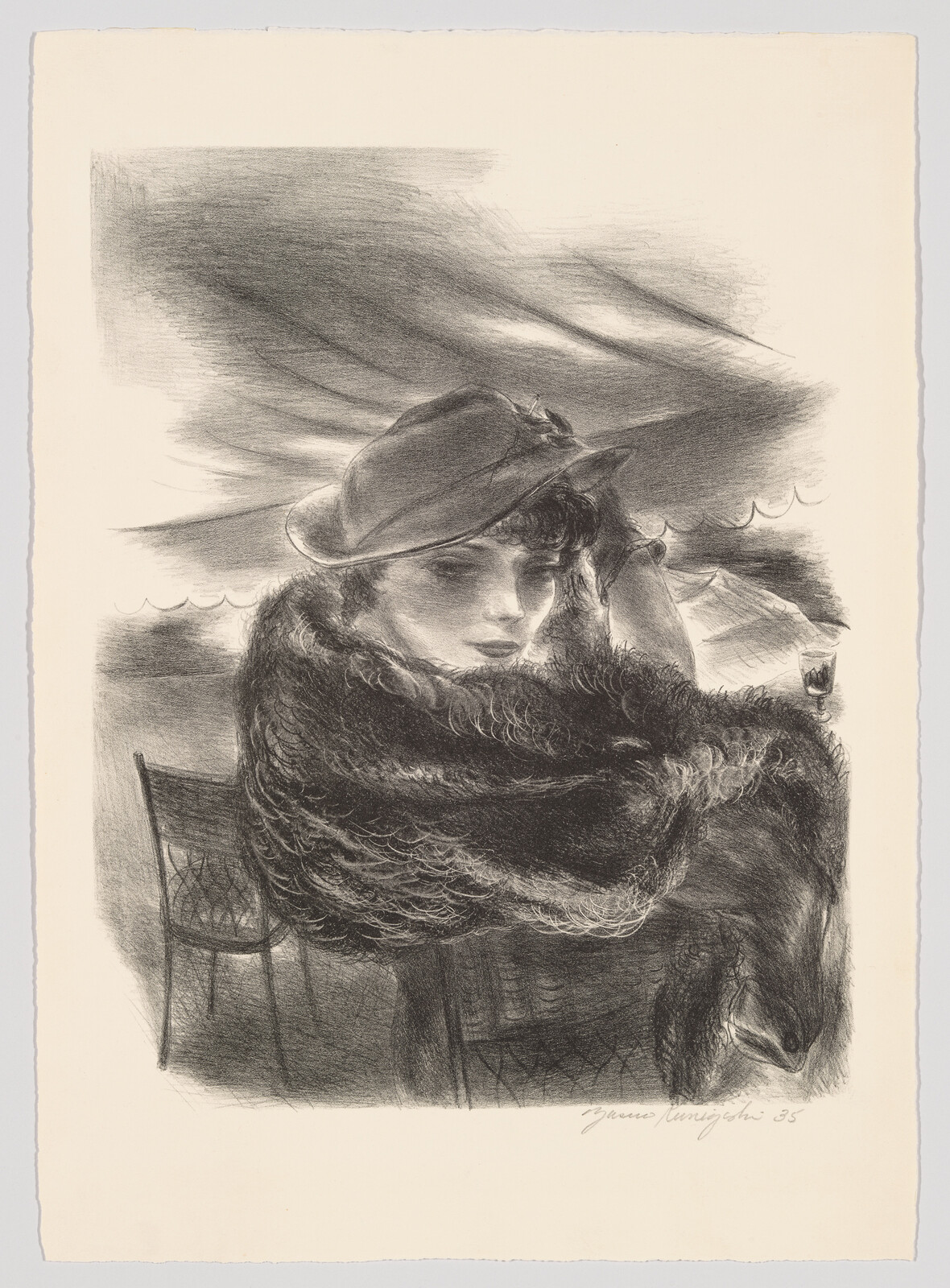 A woman in a hat and fur wrap sits turning toward the viewer beside a seaside café.