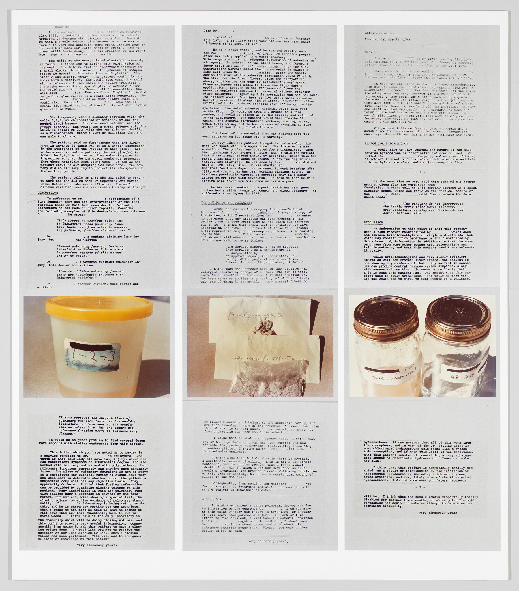 Six-panel layout showing typed documents above samples: a plastic container, powder envelopes, and two labeled jars.