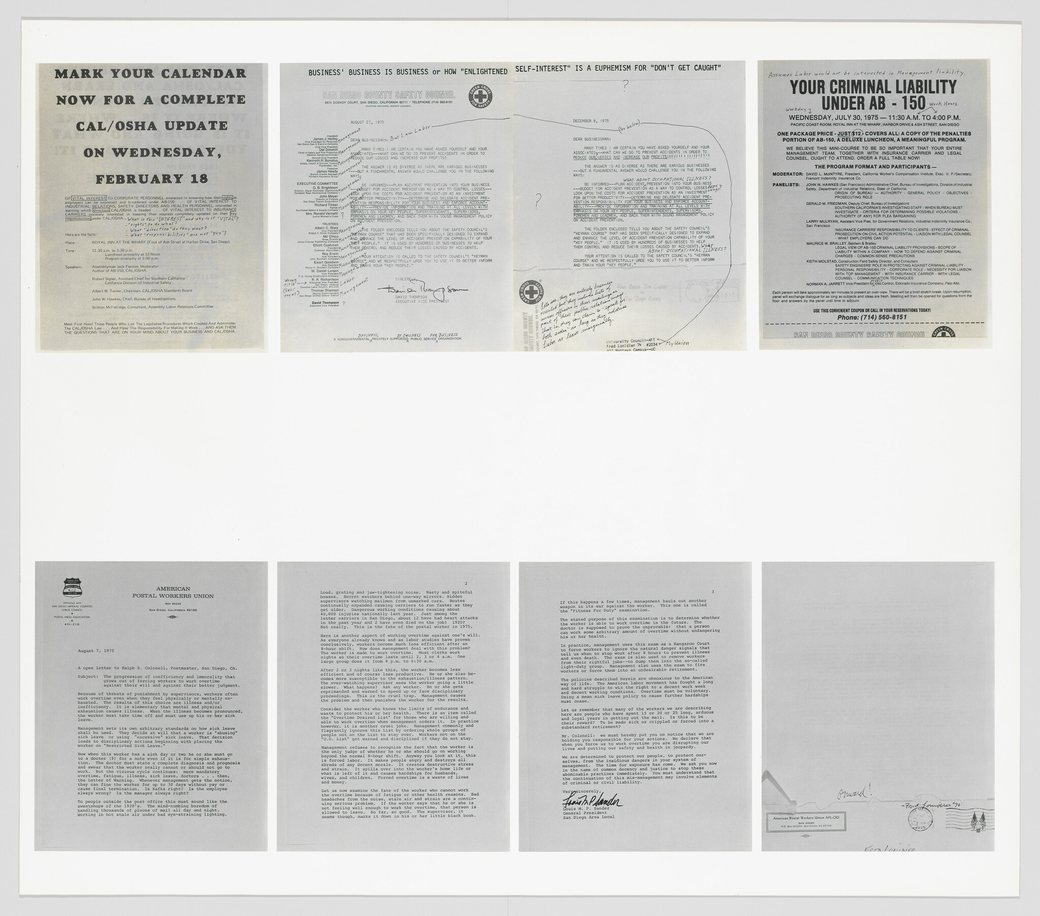 A collection of nine documents arranged in a 3x3 grid. Each document appears to be a page of text, with the top row featuring headers in bold typeface. The documents have various markings, such as underlines, question marks, and handwritten annotations, suggesting they have been reviewed or edited. Some of the visible titles include "MARK YOUR CALENDAR," "CAL/OSHA UPDATE," and "YOUR CRIMINAL LIABILITY UNDER AB - 150." The overall appearance indicates a set of professional or legal documents.