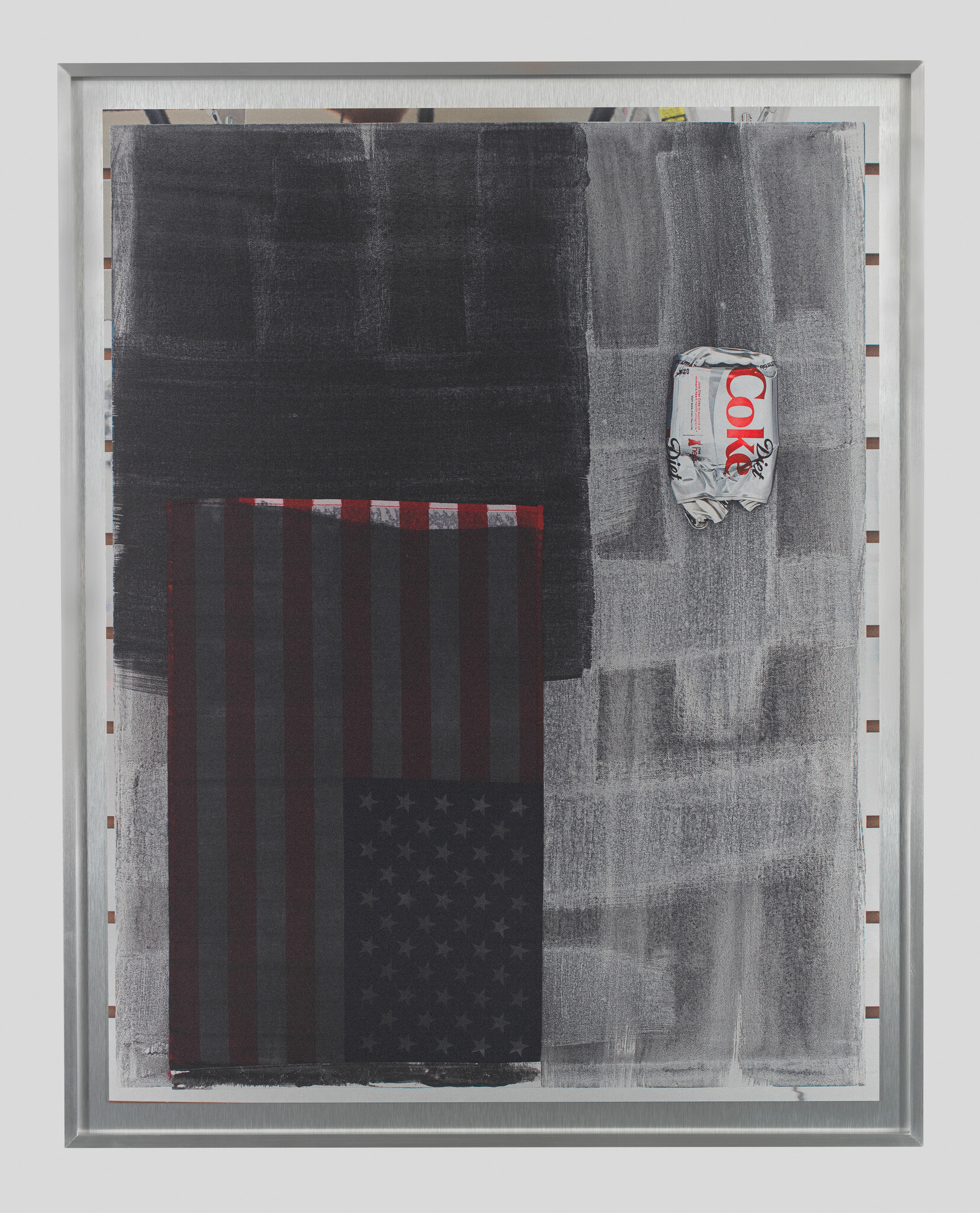 A framed mixed-media artwork shows a dark American flag with a crushed Diet Coke can attached.