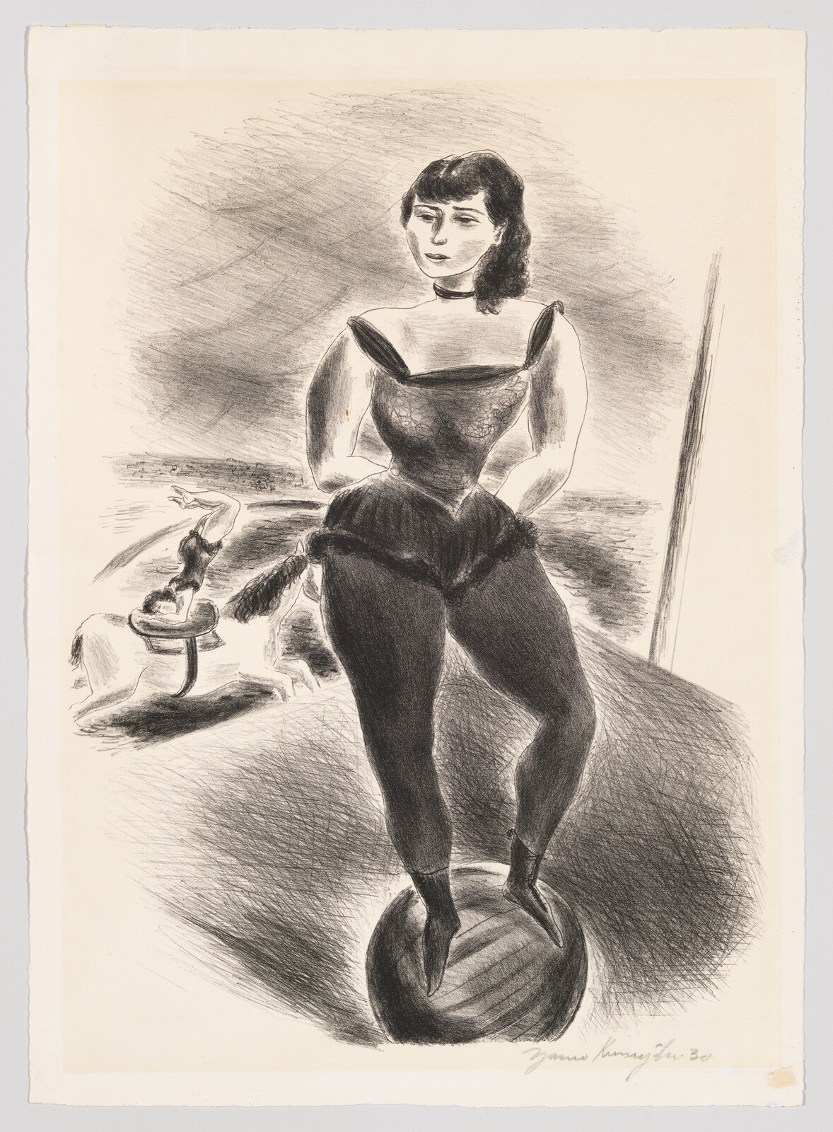 A female circus performer balances on a large ball while wearing a leotard and choker.