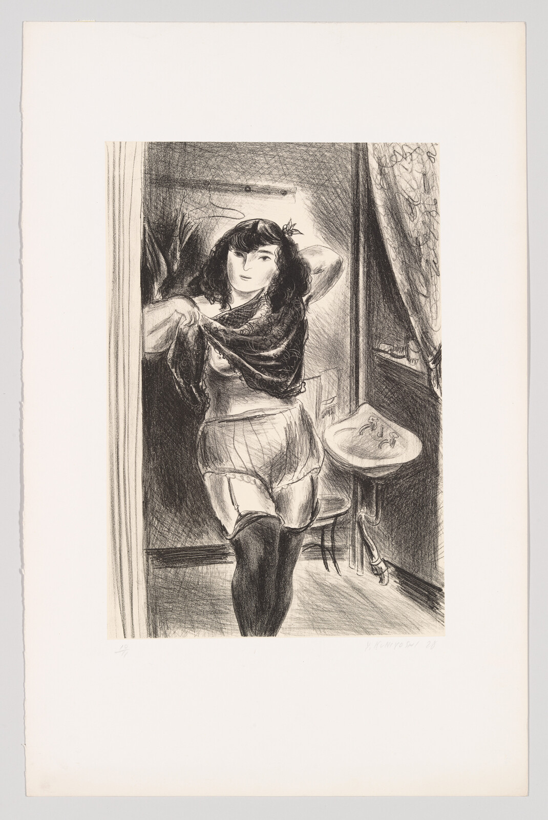 A woman in stockings adjusts her shawl while standing in a doorway beside a washbasin.