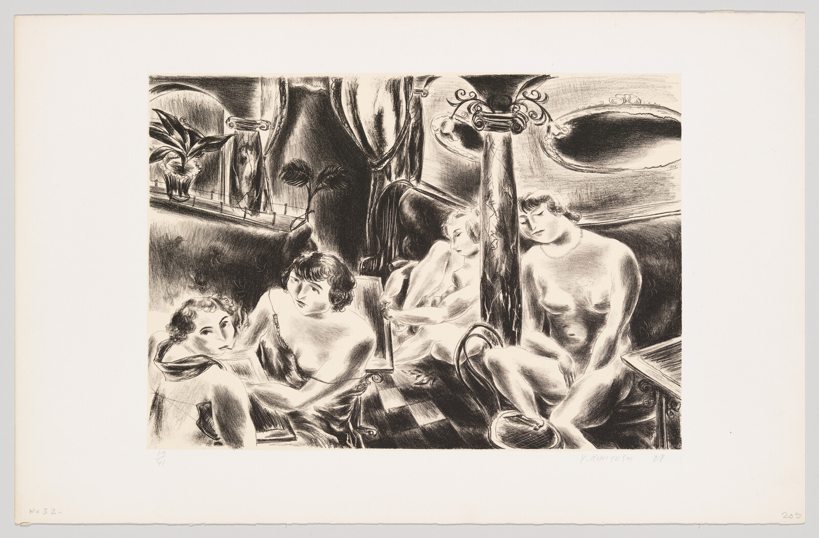 Four women sit and recline together in a dim, ornate interior, some partially undressed.