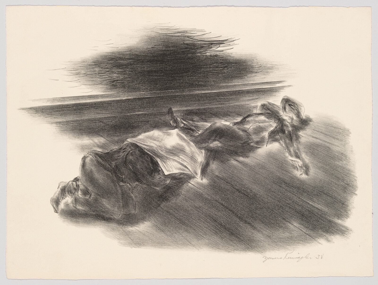 Two people lie motionless on the ground beneath a dark, sweeping cloud.