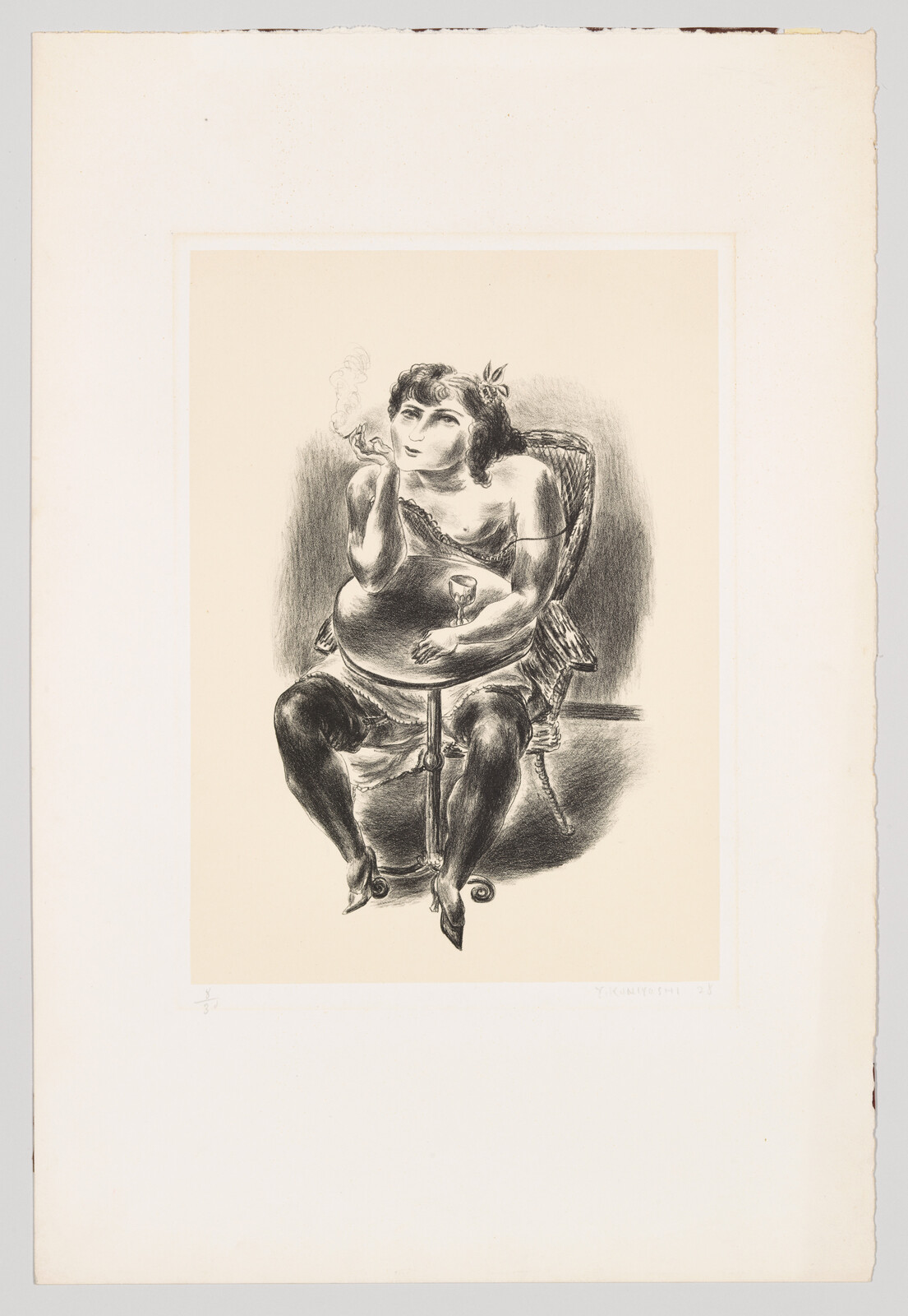 A seated woman smokes a cigarette and holds a glass while resting on a chair.