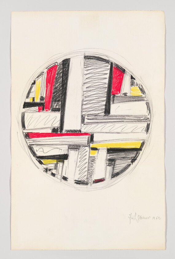 Circular abstract sketch with black, red, and yellow geometric blocks on white paper.