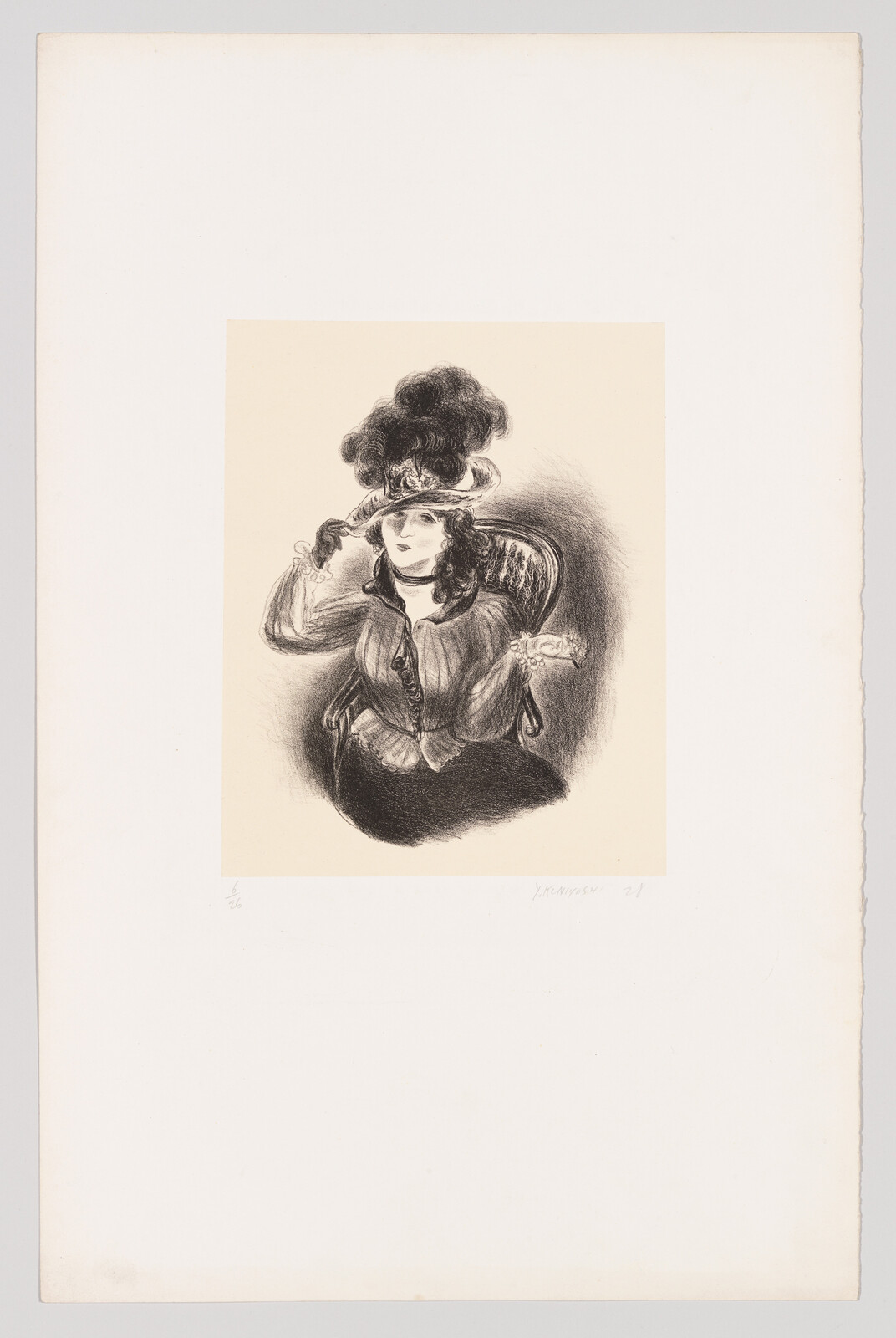 A woman in a large feathered hat sits in a chair, lifting the brim with one hand.