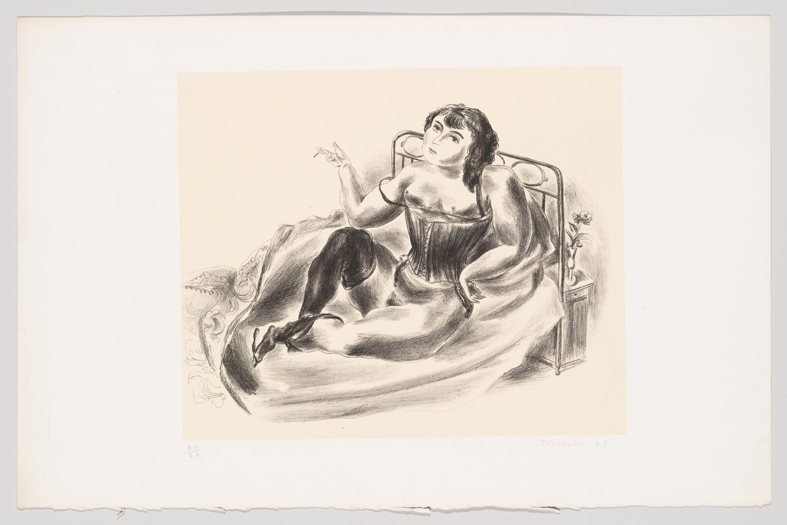 A woman in a corset and stockings lounges on a bed, gesturing with her right hand.