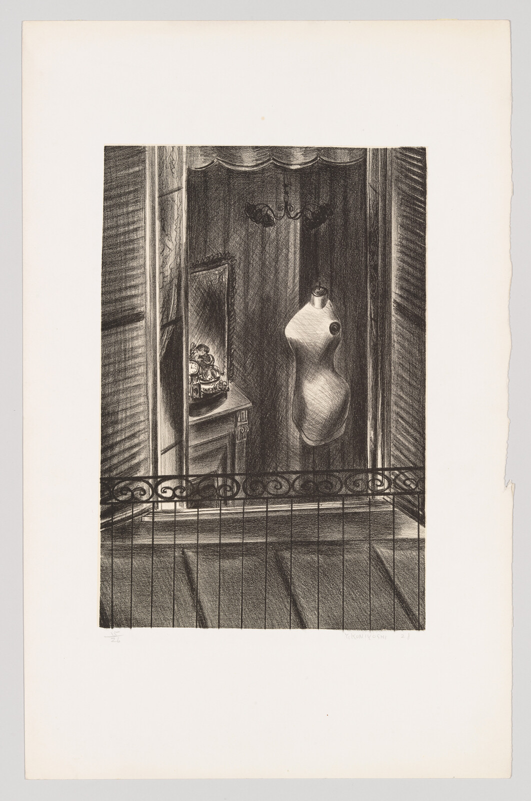 A headless dressmaker's mannequin stands in a dim shop window behind an ornate balcony railing.