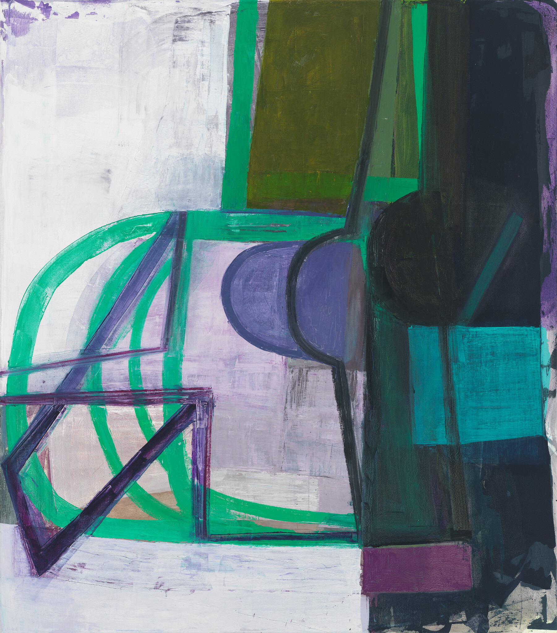 Abstract composition with green circular arcs, purple geometric shapes, and a tall dark vertical block.