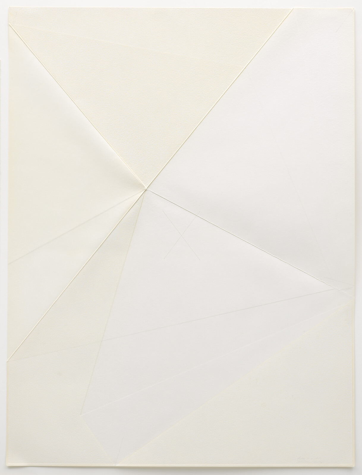 White paper artwork with folded triangular panels meeting at a central point forming subtle geometric shapes.