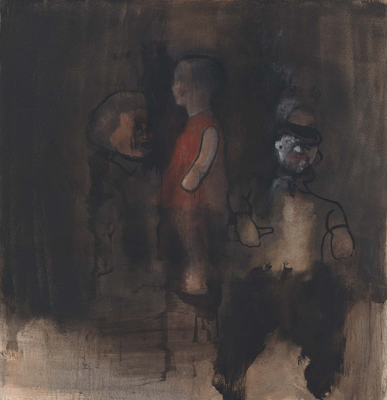 A dark, abstract painting featuring two indistinct figures with exaggerated features, one with a red garment, against a murky, shadowy background. The artwork has a somber and mysterious atmosphere.