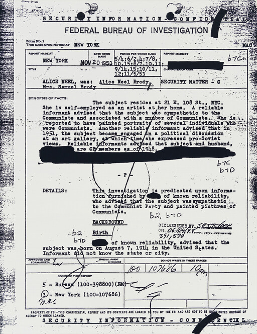 FBI file page documenting Alice Neel Brody as a self-employed artist investigated for alleged Communist sympathies.