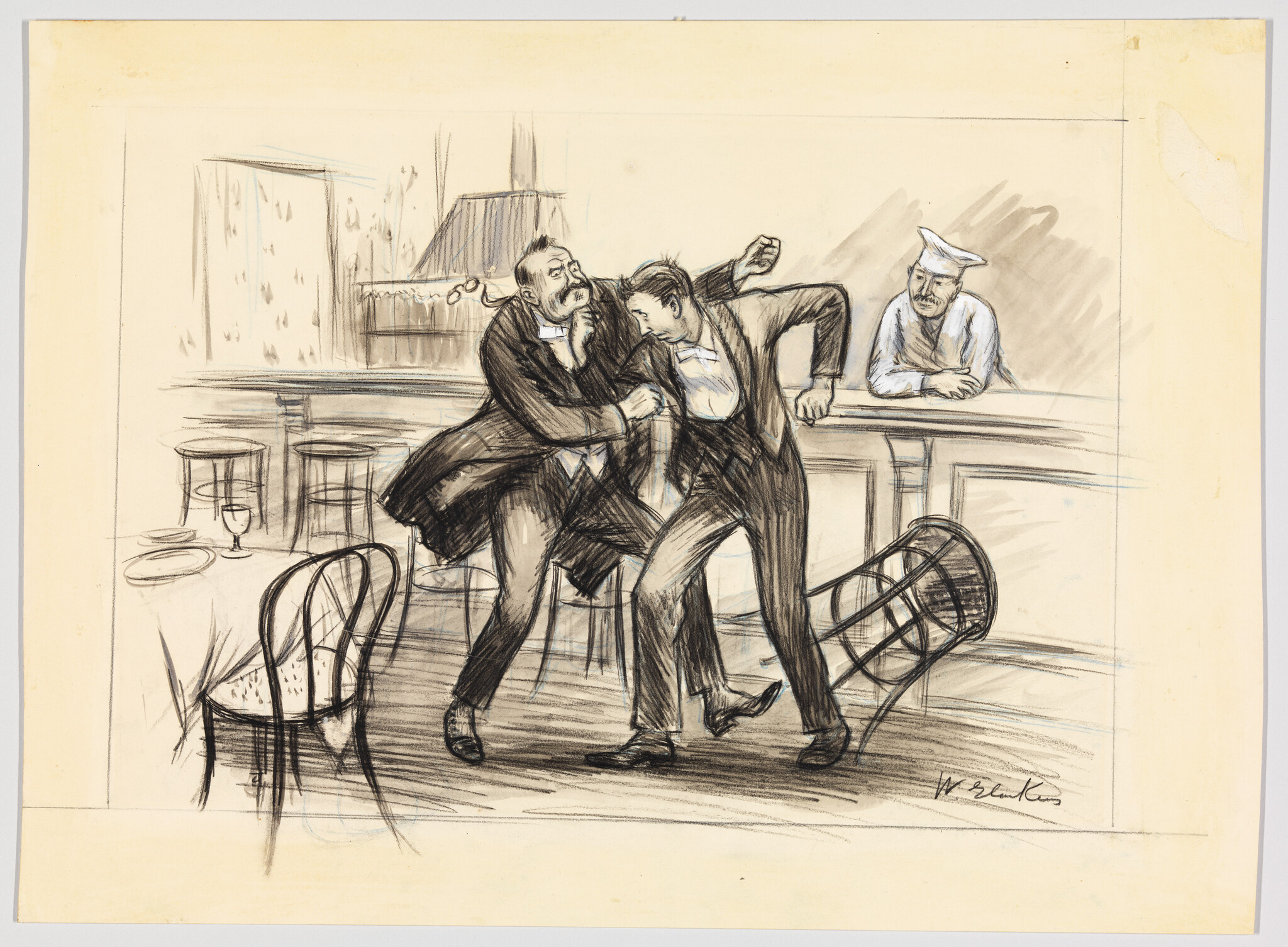 Two men in a bar struggle physically while a bartender watches and a chair falls.