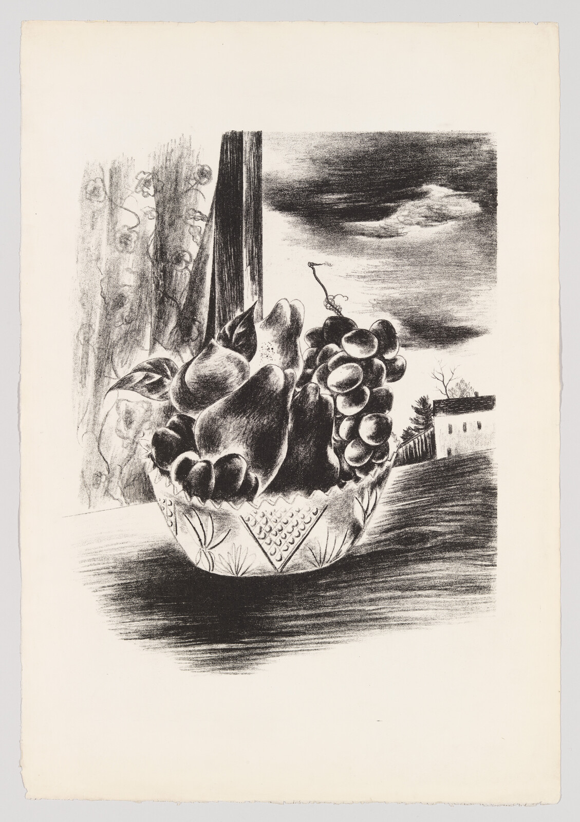A decorative bowl of pears and grapes sits on a table beside a window with clouds.