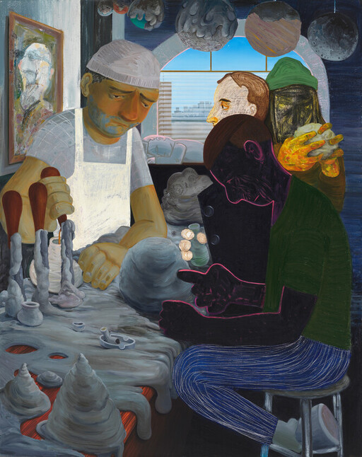 Baker shaping dough while three customers watch in a dim, crowded shop.