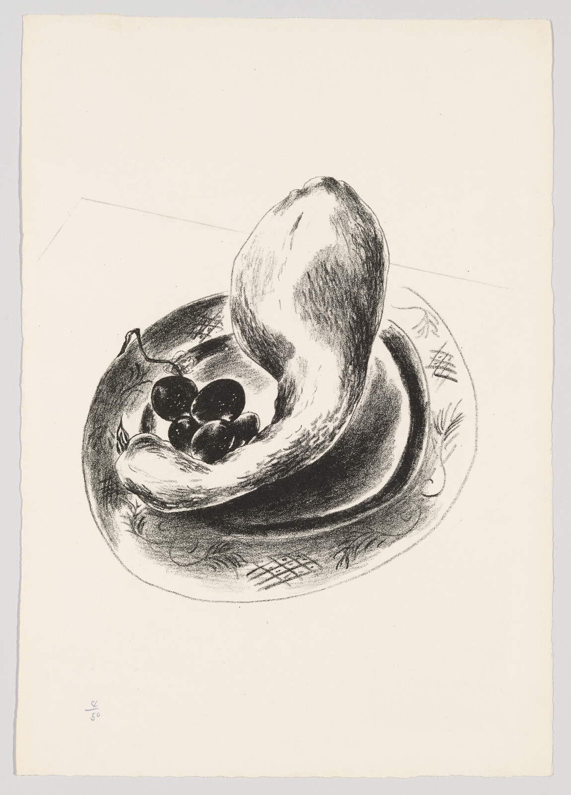 A curved gourd rests on a decorative plate next to a small cluster of dark grapes.