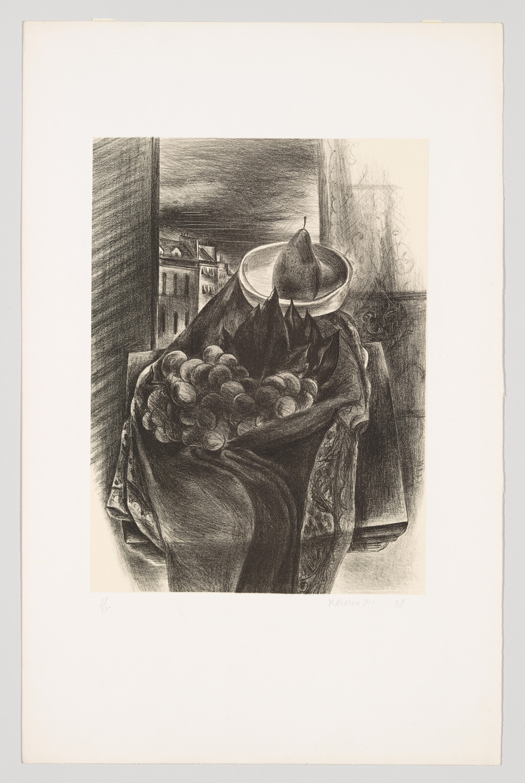 A charcoal still life shows a pear and grapes on draped cloth by a window.