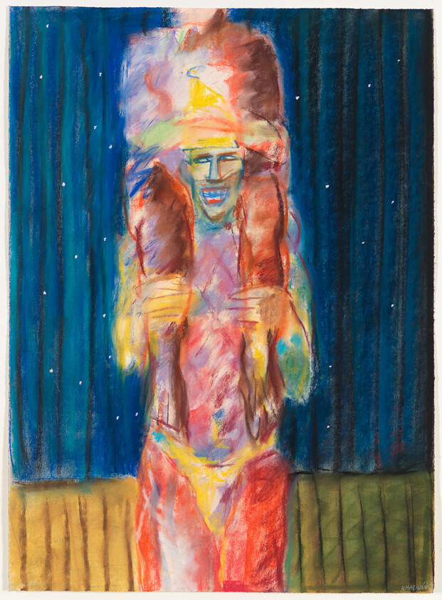 A brightly colored performer carries a small figure on their shoulders against a blue curtain.
