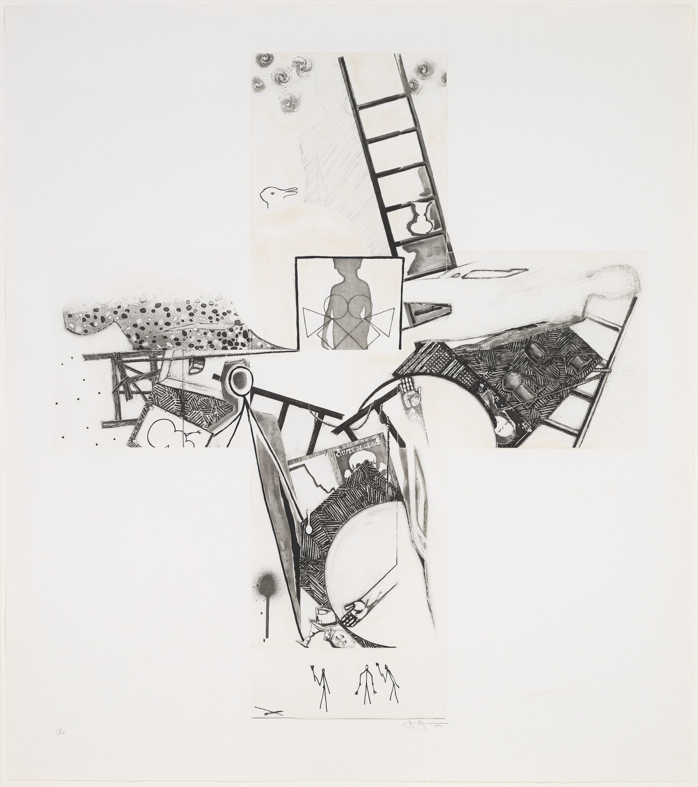 Large cross-shaped black and white collage showing ladders, abstract figures, and fragmented objects.