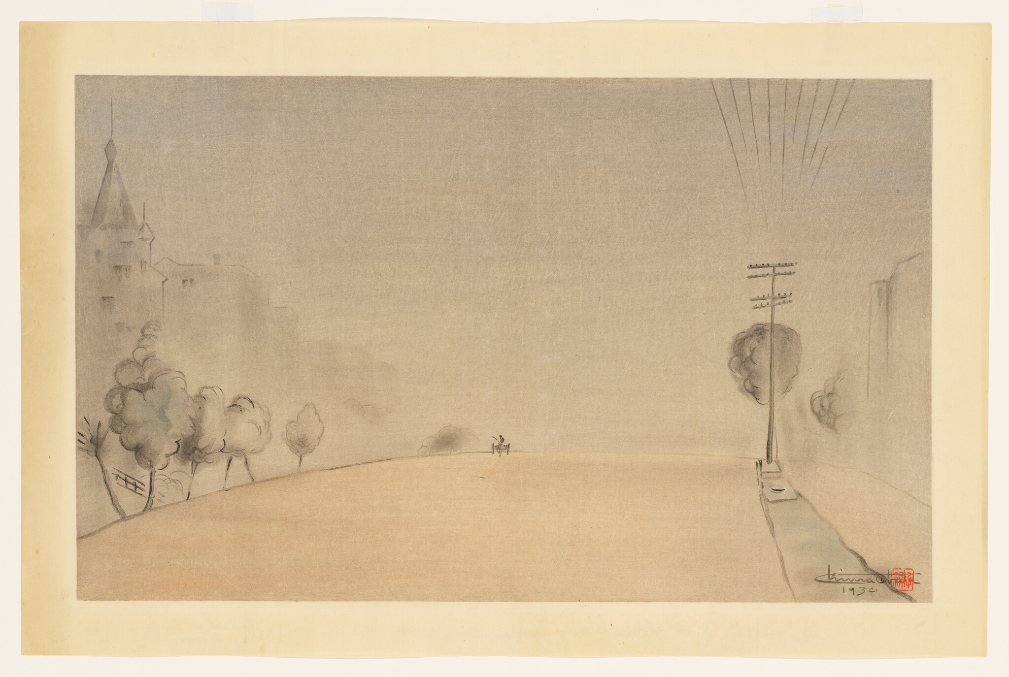 Two small figures sit on a distant hill under a telegraph pole and hazy trees.
