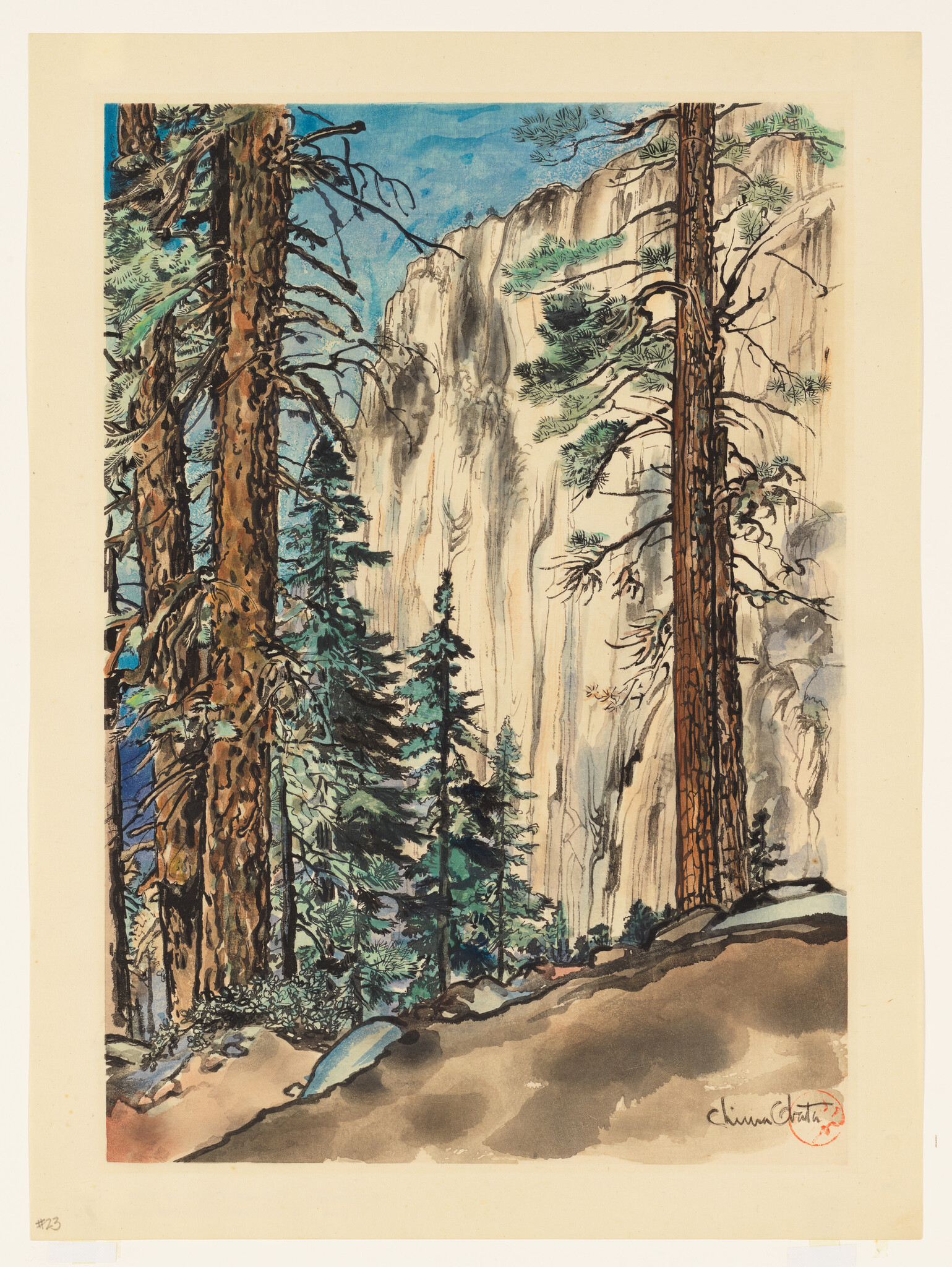 Tall pine trees frame a steep granite cliff with a thin waterfall in the background.