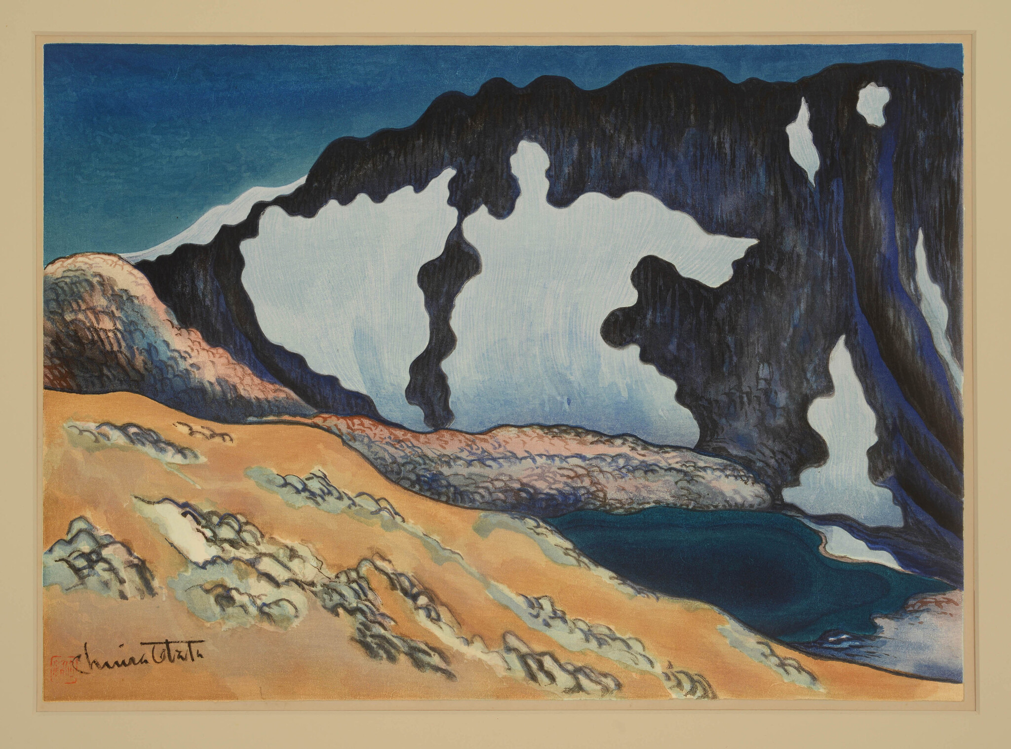 A vibrant painting depicting an abstract landscape with a contrast of warm sandy foreground and cool blue mountainous background, featuring fluid shapes and bold outlines, signed by the artist in the lower left corner.