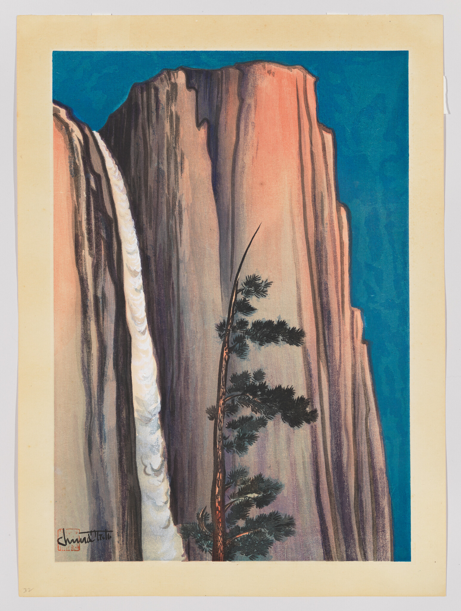 A steep pinkish cliff with a cascading waterfall and a lone pine tree in the foreground.