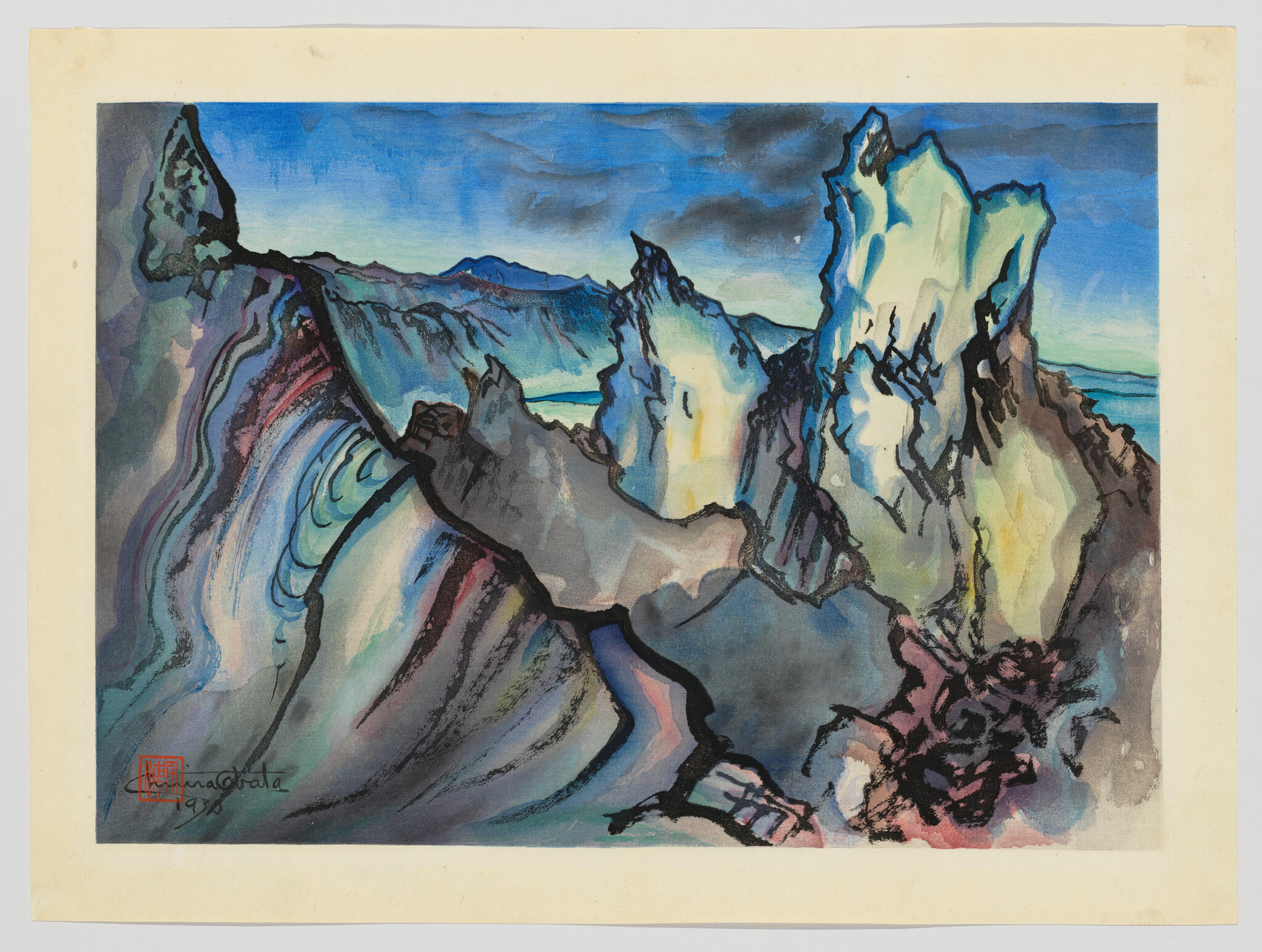 Jagged, colorful rock formations rise above swirling, layered terrain under a blue sky.
