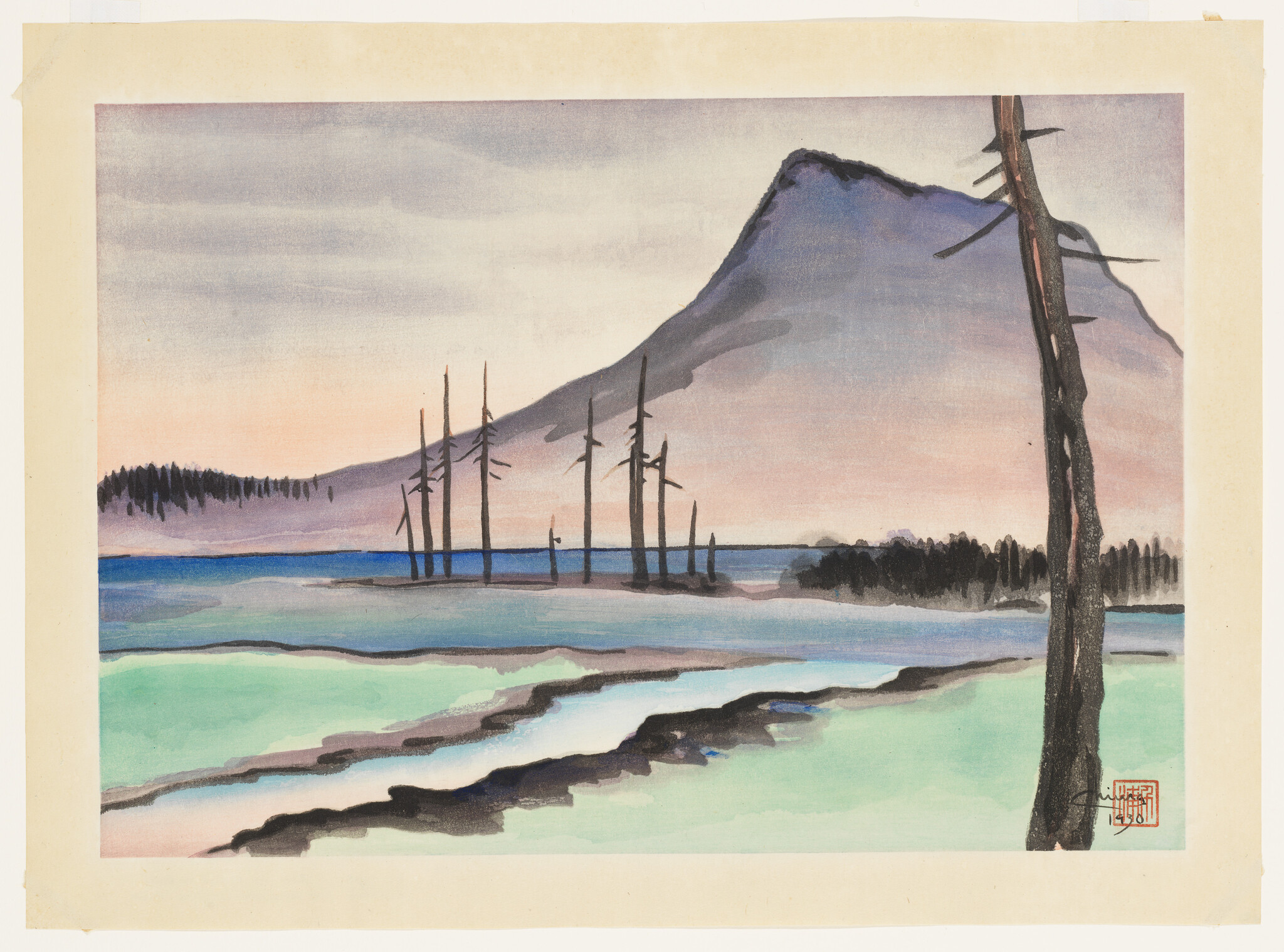 Mountain landscape with bare trees, a winding river, and a colorful sky at sunset.