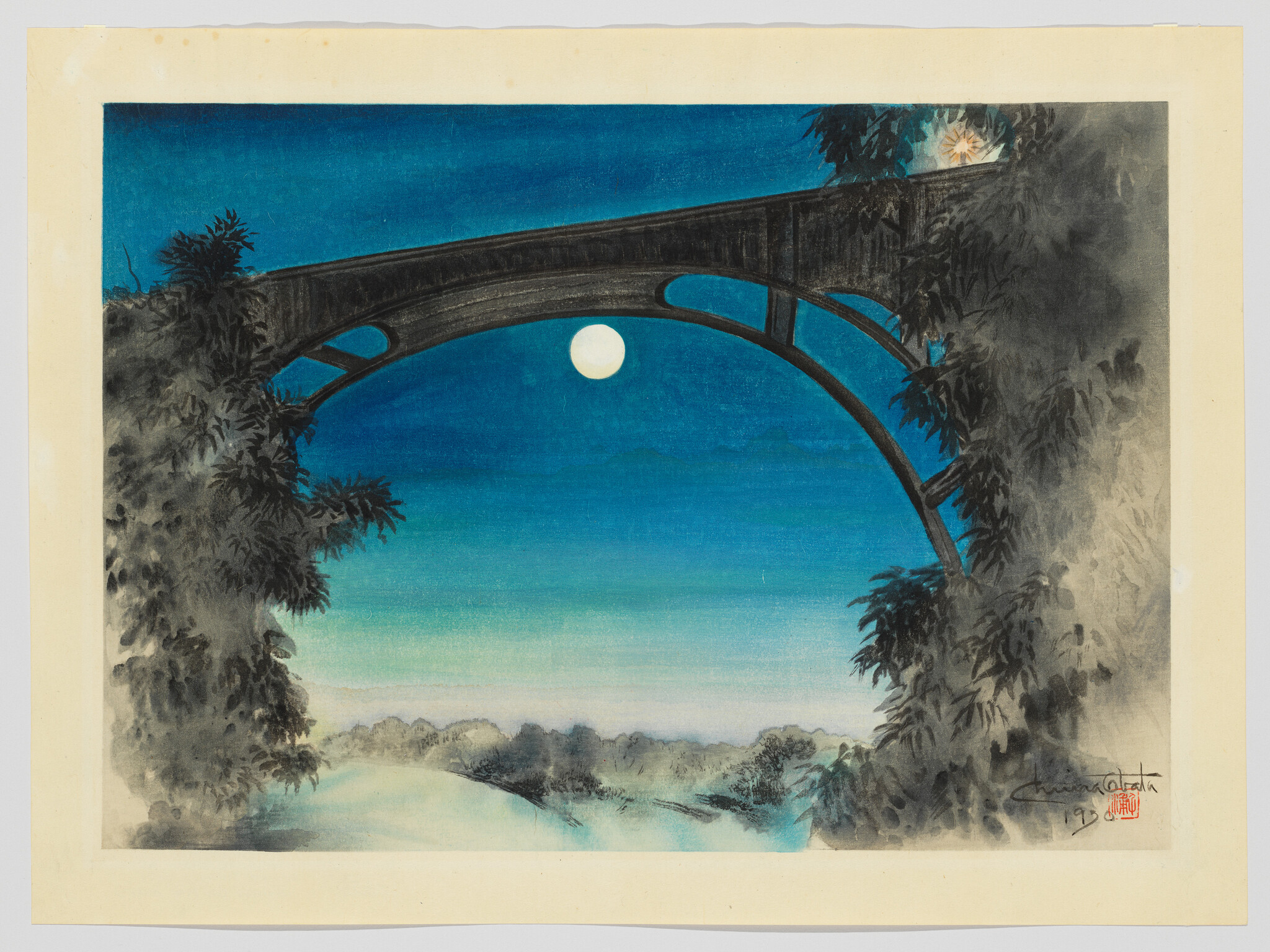 A painting depicting a moonlit night with a full moon centered in the sky, framed by an arched bridge. Silhouettes of trees and foliage are visible on both sides of the bridge, and a misty landscape stretches into the distance below. The artist's signature and a red seal are visible in the lower right corner. The painting has a yellowed border, suggesting age.