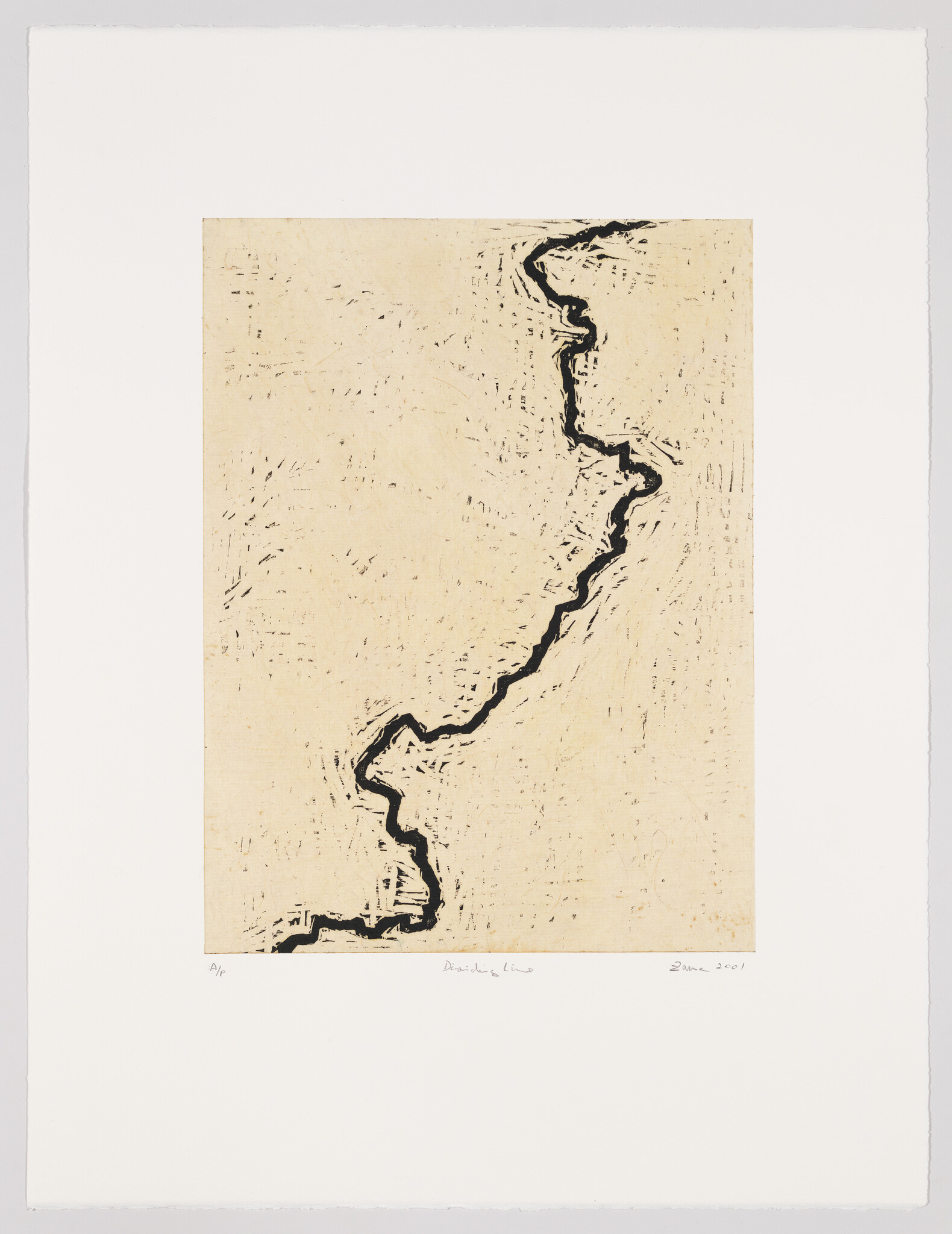 A thick, jagged black line runs vertically through the center of a beige, textured background.