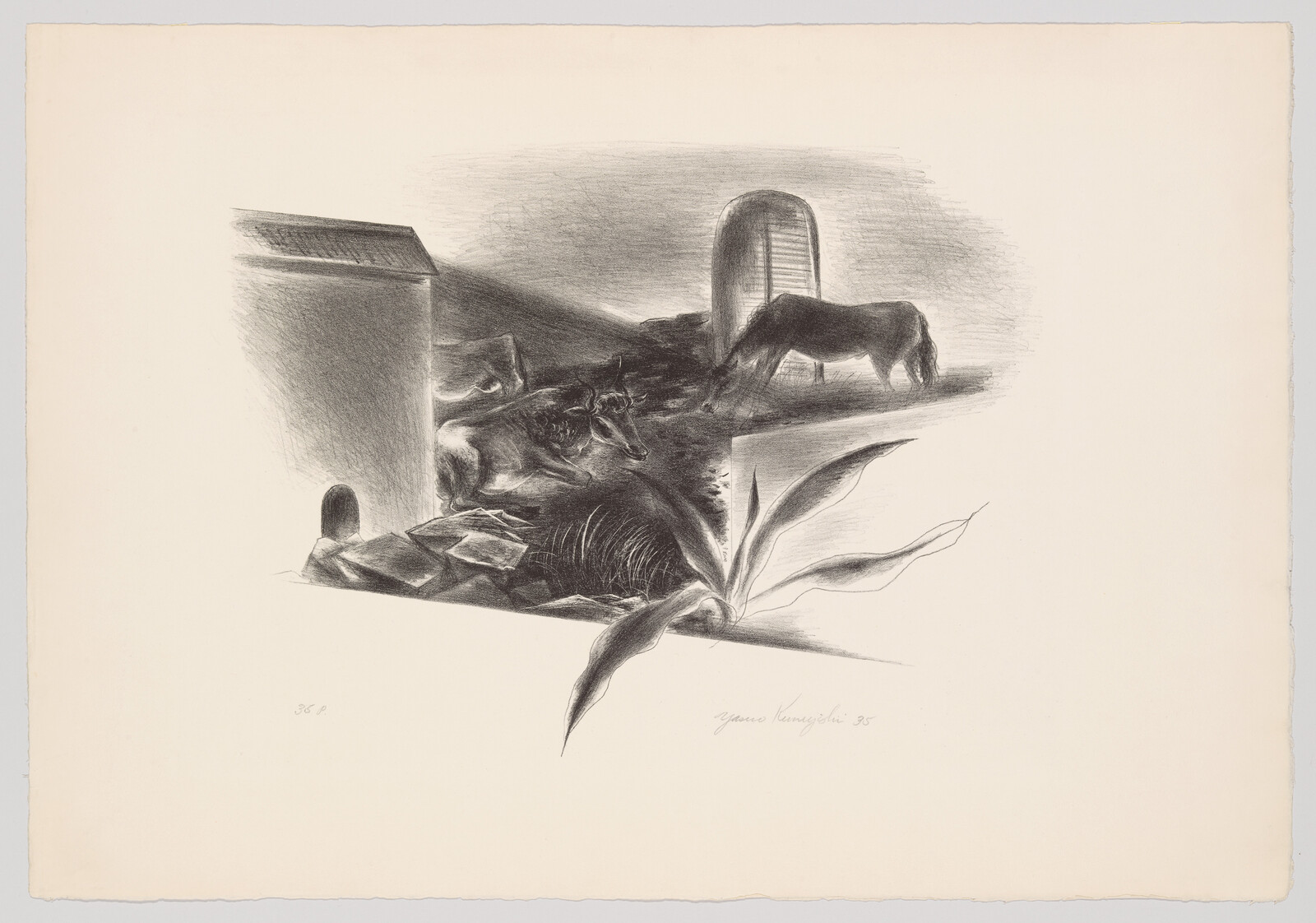 A black and white lithograph featuring a surreal composition with a cow lying down in the foreground, a horse standing in the midground, and architectural elements like a door and a window. There are also abstract shapes and a plant with large leaves in the bottom right corner. The artwork is signed and dated by the artist in the lower right.