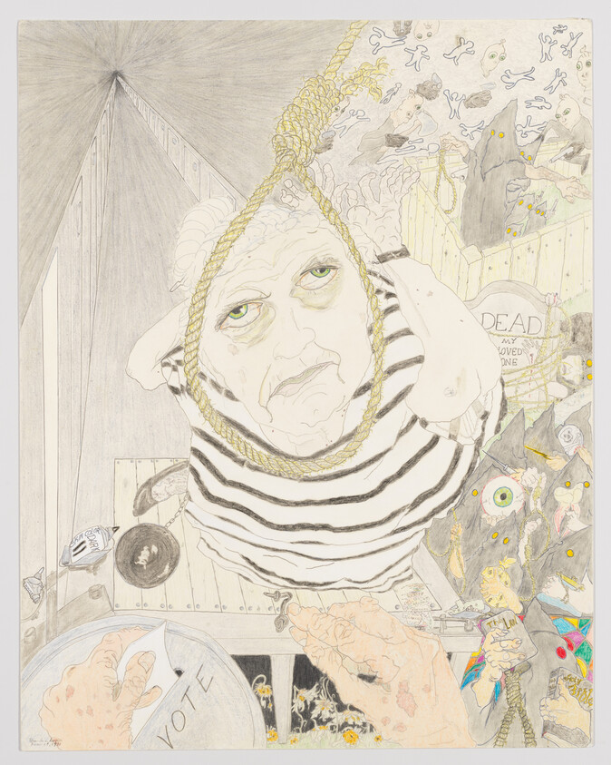 Elderly person with a noose around their neck looks up while a hand reaches toward a vote box.