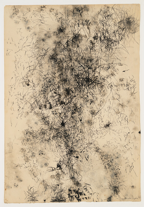 Dense black ink scribbles and spidery marks spread across aged beige paper.