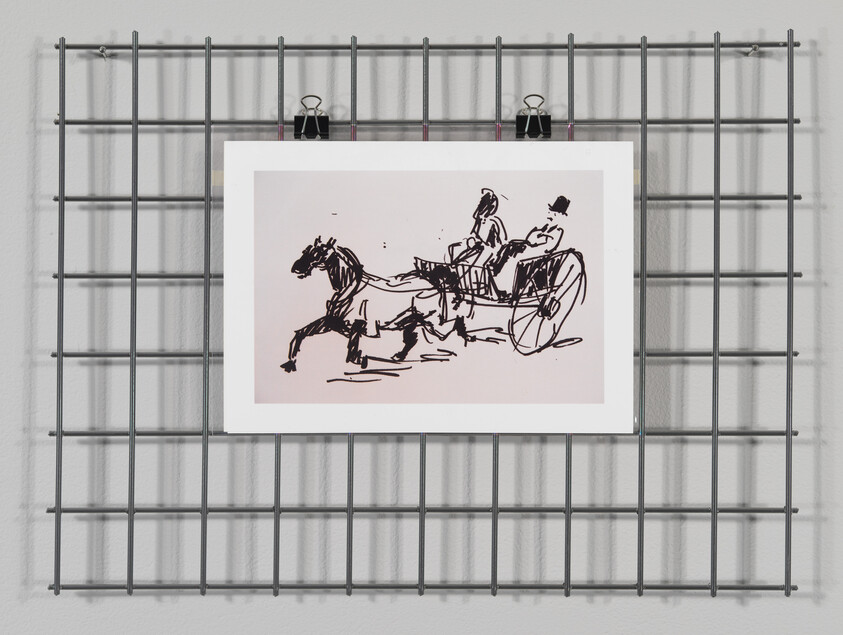 Sketch of a horse pulling a two-wheeled carriage with two seated figures.