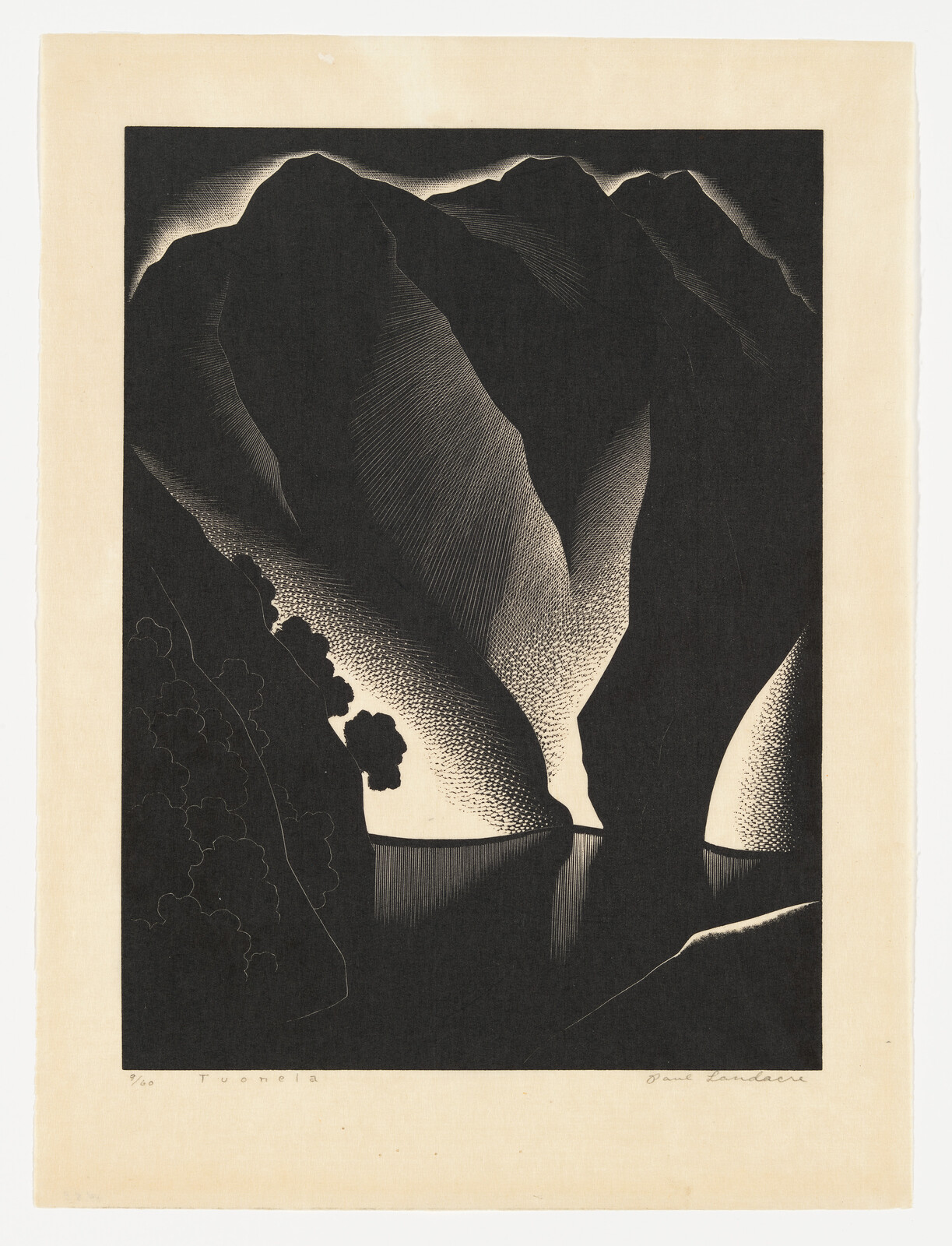 Dark stylized mountains rise above a narrow reflective fjord with silhouetted trees along the shore.