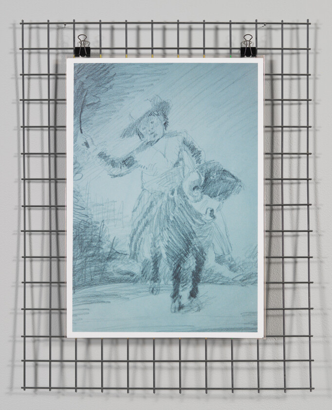 Sketch of a person in historical clothing pinned to a wire grid wall.