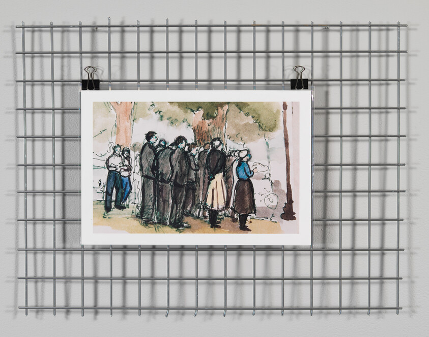 Illustration of a group of people gathered outdoors, displayed on a wire grid wall.