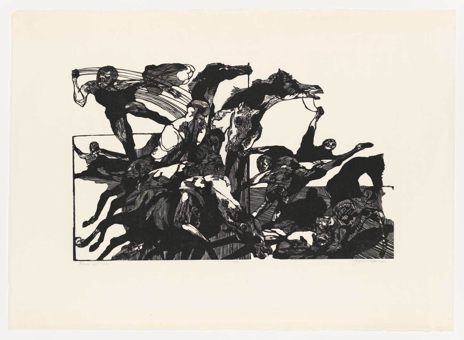 Several riders and horses collide in a chaotic, energetic scene of motion and struggle.