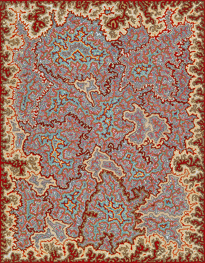 Intricate red and beige maze-like pattern with turquoise accents covering the entire surface.