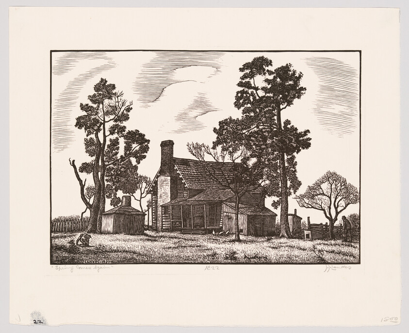 A black and white etching depicting a rustic countryside scene with a small, traditional house surrounded by tall trees and a wooden fence. The sky is filled with light clouds, and there is a sense of tranquility in the rural setting. The artwork includes fine details in the textures of the trees, grass, and architecture, conveying a serene, pastoral atmosphere.