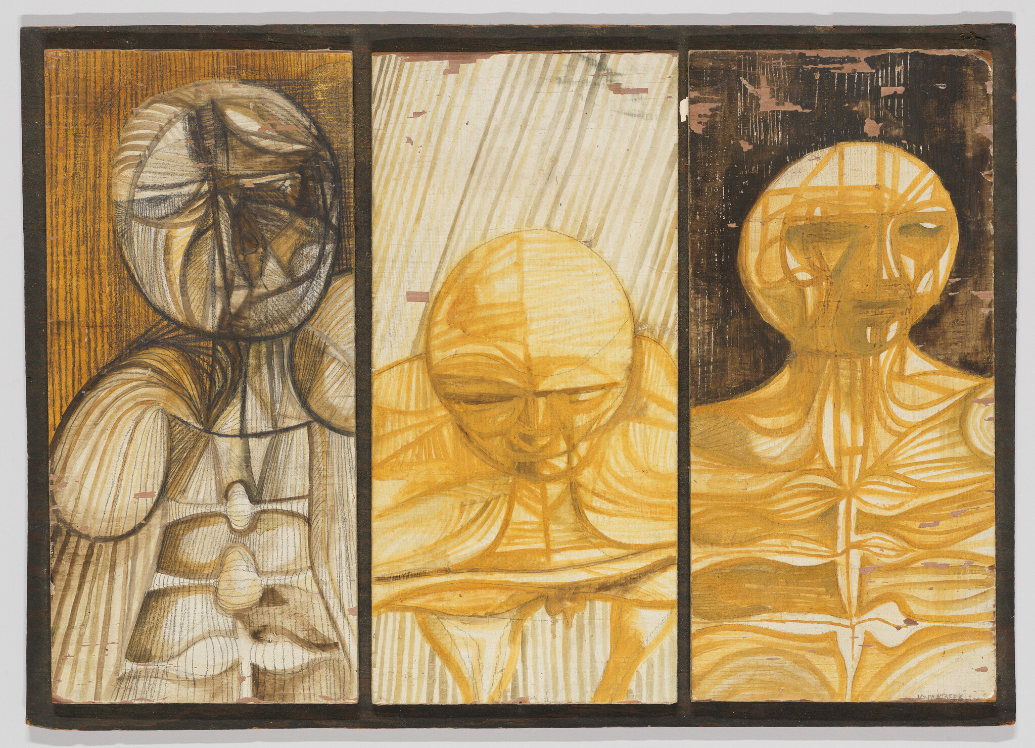 Three stylized human figures in yellow and brown panels with carved, striped patterns.