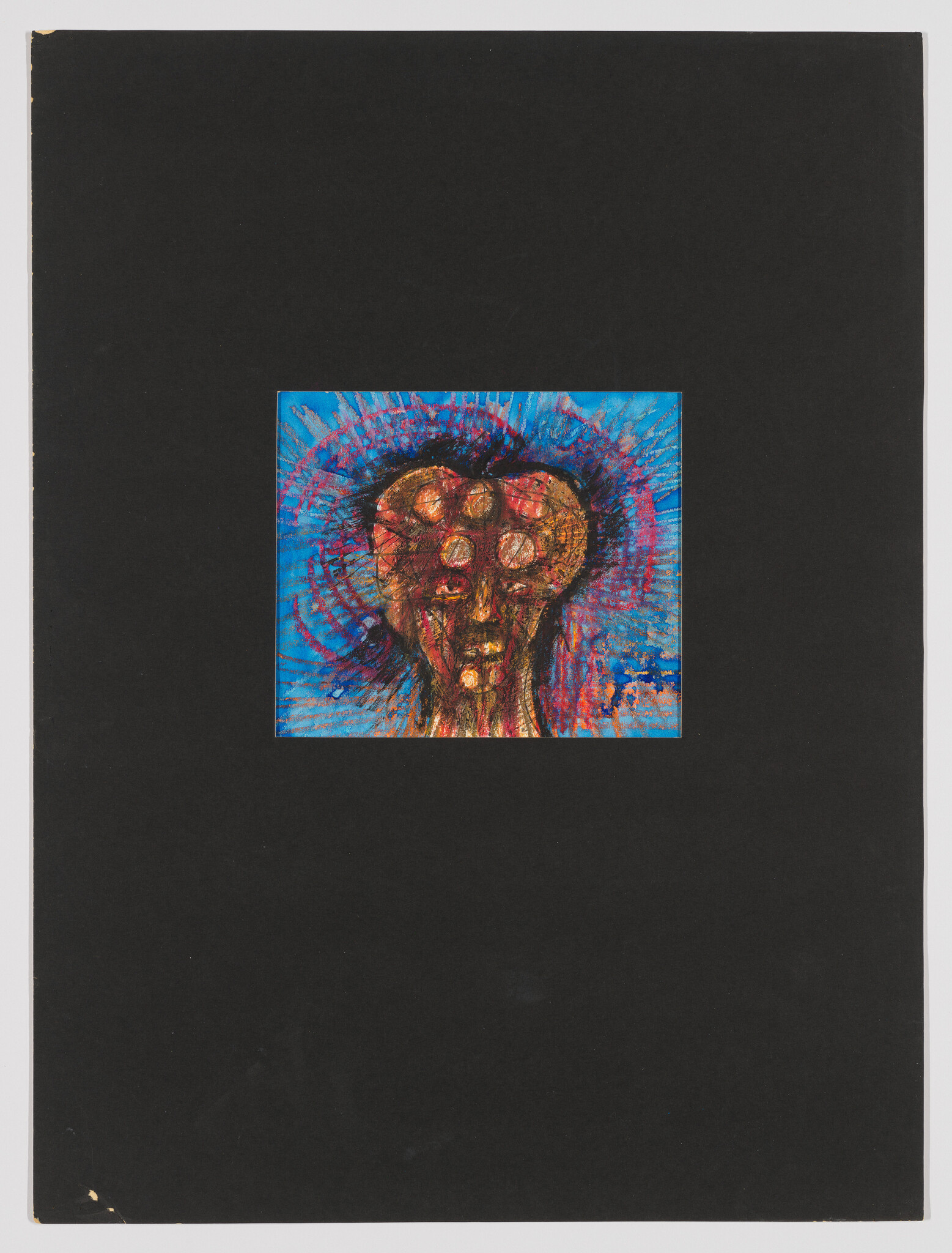 Abstract painted head with glowing circular marks and blue radiating halo mounted on black mat.