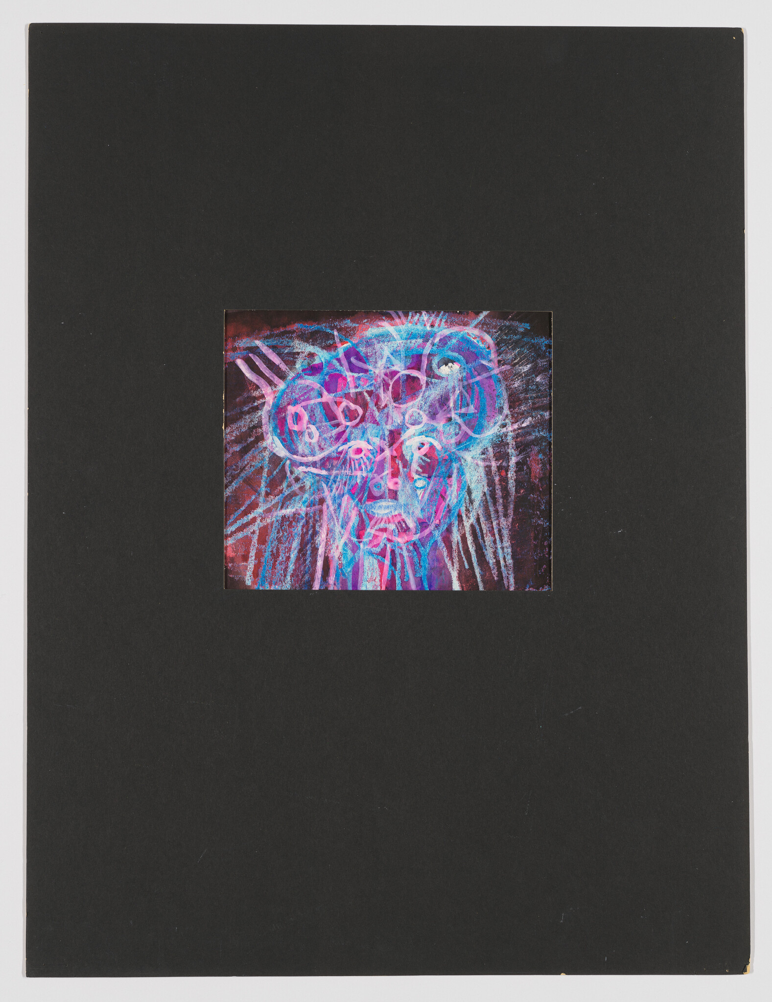 A small neon blue and pink abstract face drawing is centered on a large black matboard.