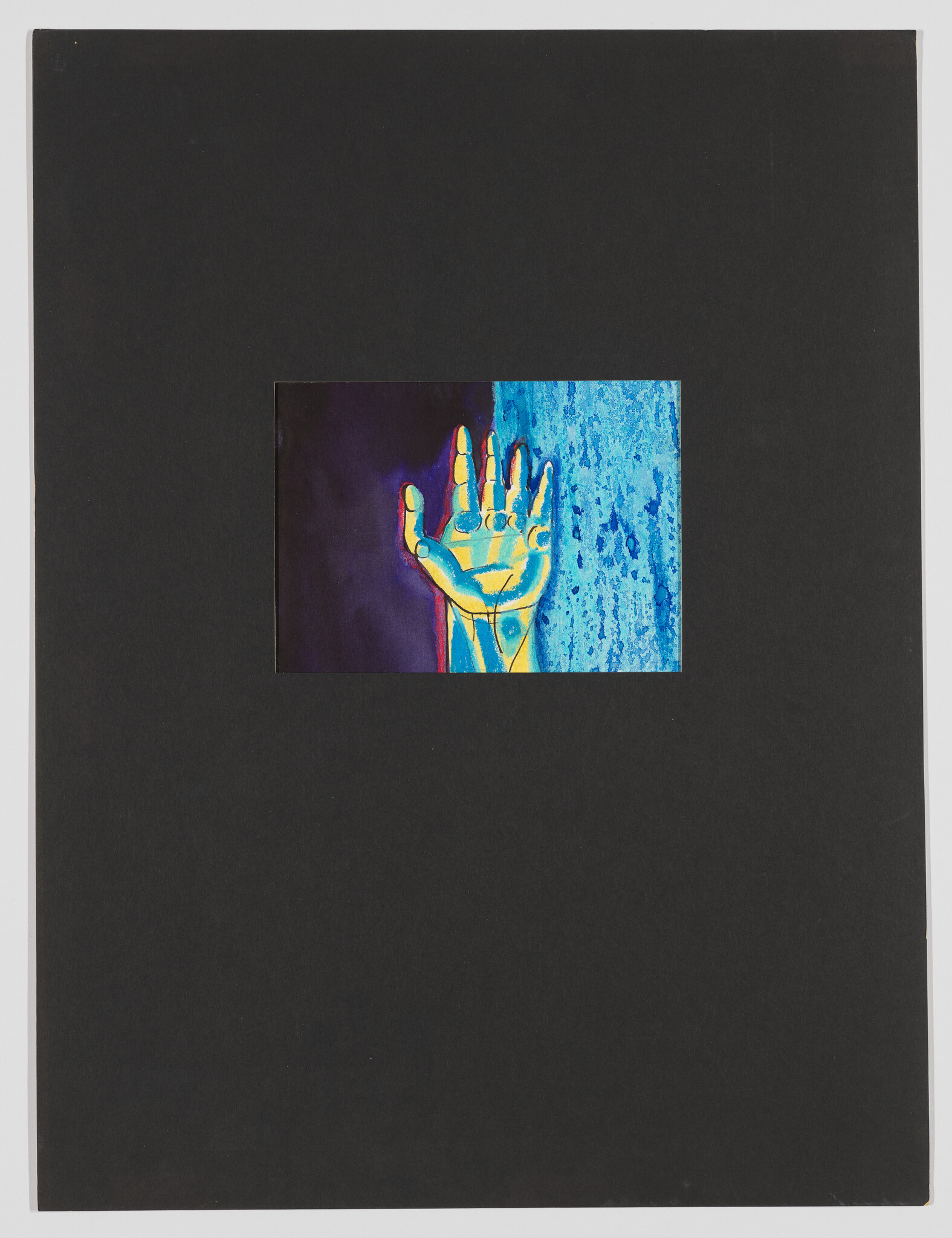 A bright yellow and blue painted hand held up against a split dark purple and textured blue background.