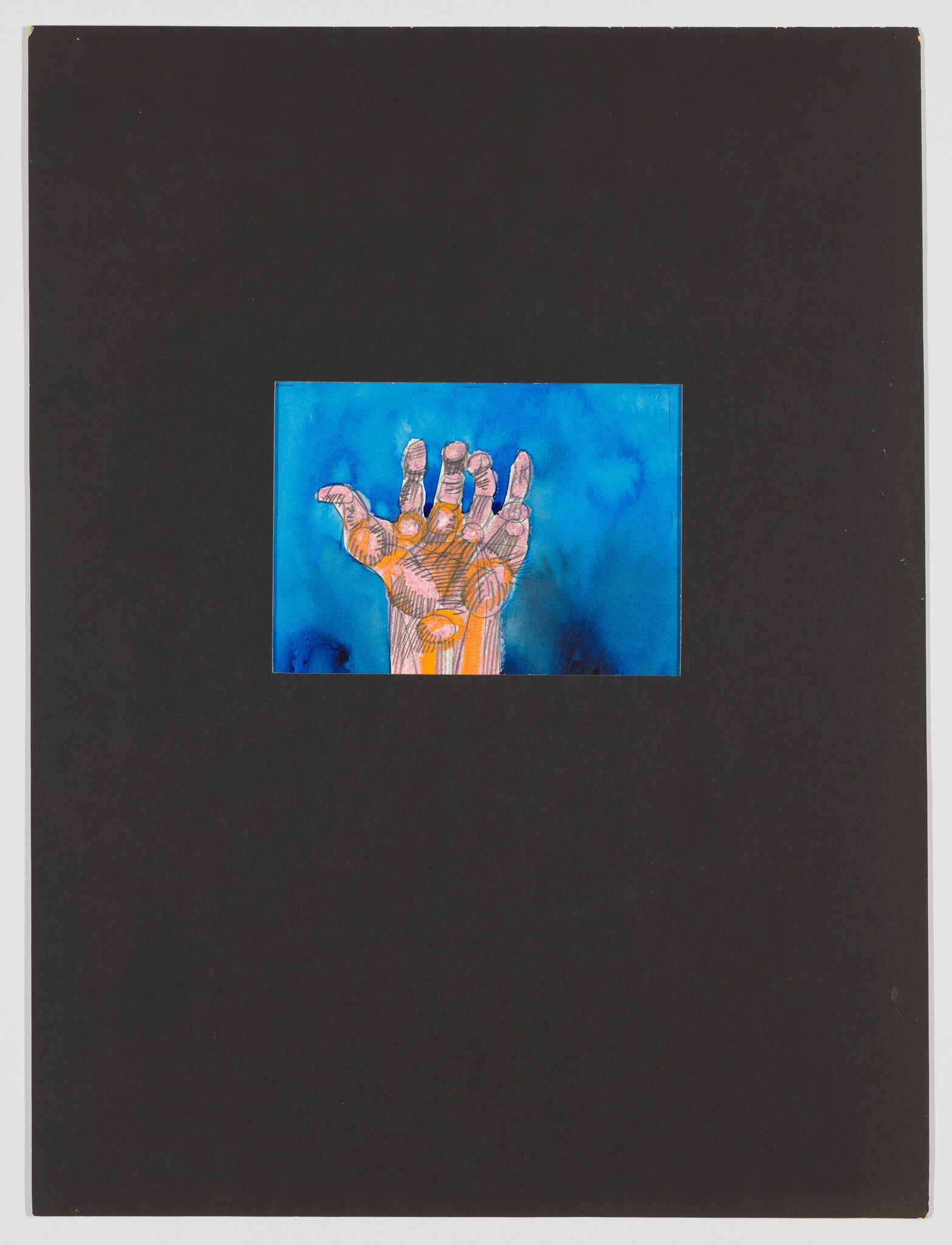 A multicolored hand reaches upward against a bright blue rectangle mounted on black background.