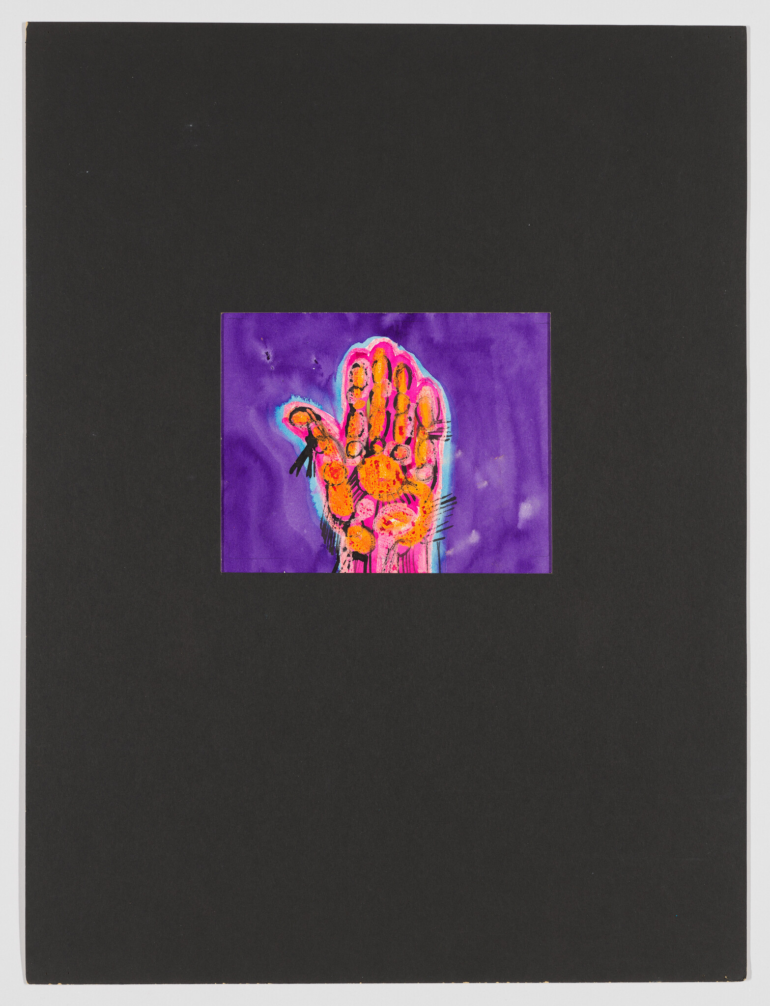 A bright orange and pink handprint artwork against a purple background mounted on black paper.