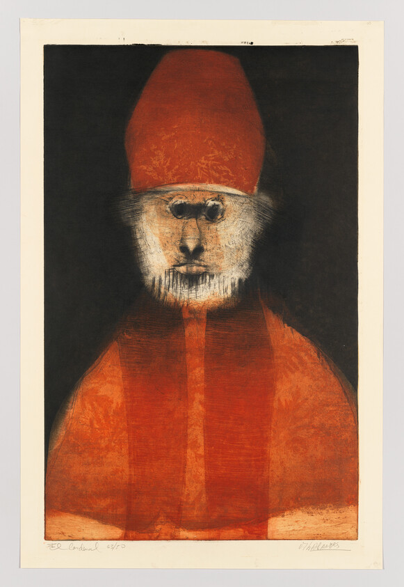 A solitary cardinal-like figure wearing a red robe and hat with a pale, masked face.